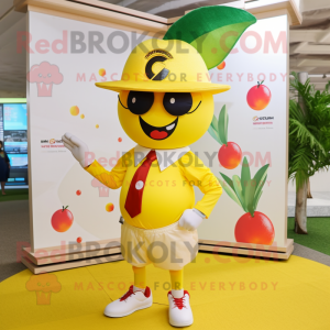 Yellow Cherry mascot costume character dressed with a Chinos and Necklaces