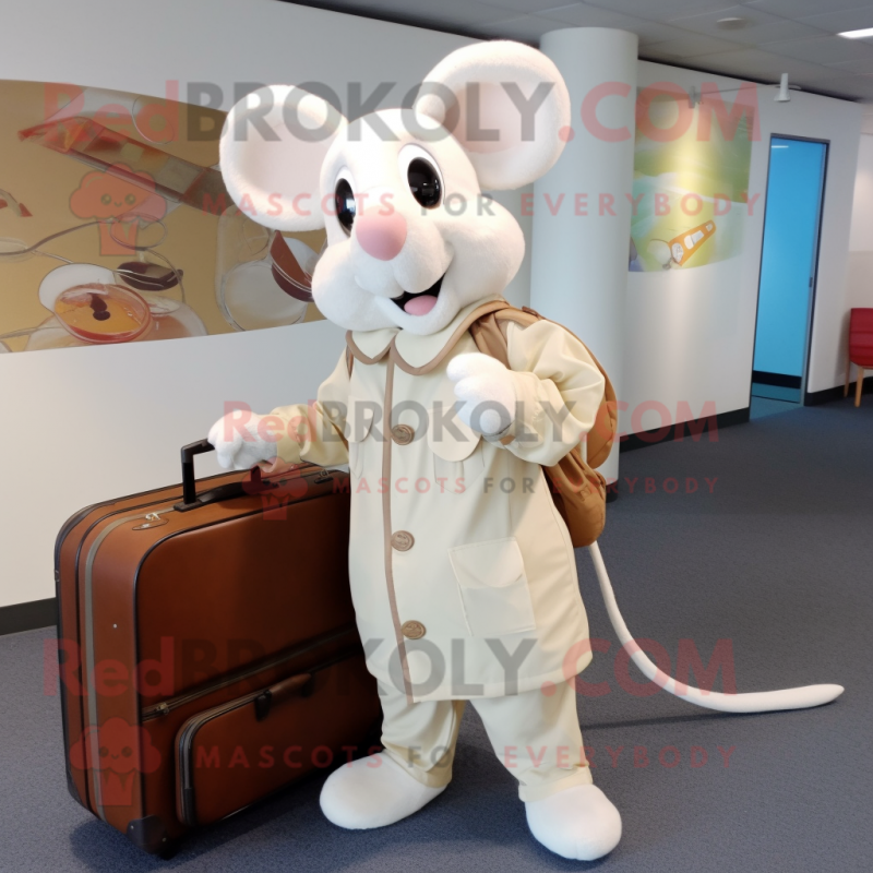 Cream Mouse mascot costume character dressed with a Jumpsuit and Briefcases