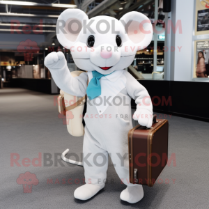 Cream Mouse mascot costume character dressed with a Jumpsuit and Briefcases