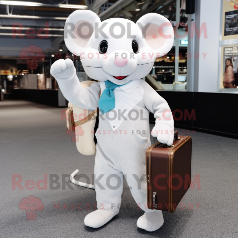 Cream Mouse mascot costume character dressed with a Jumpsuit and Briefcases Cream Mouse mascot costume character dressed with a Jumpsuit and Briefcases