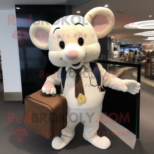 Cream Mouse mascot costume character dressed with a Jumpsuit and Briefcases