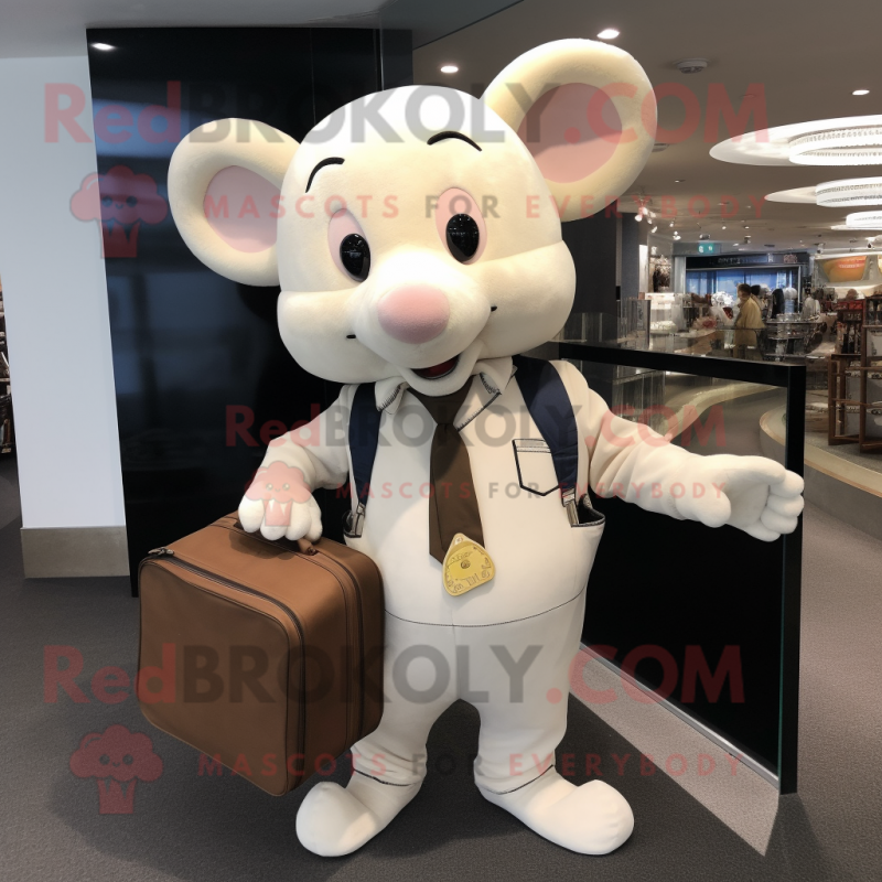 Cream Mouse mascot costume character dressed with a Jumpsuit and Briefcases