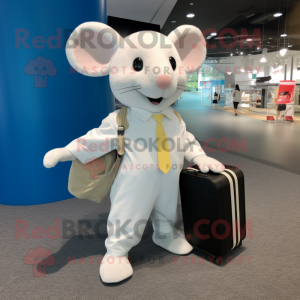 Cream Mouse mascot costume character dressed with a Jumpsuit and Briefcases