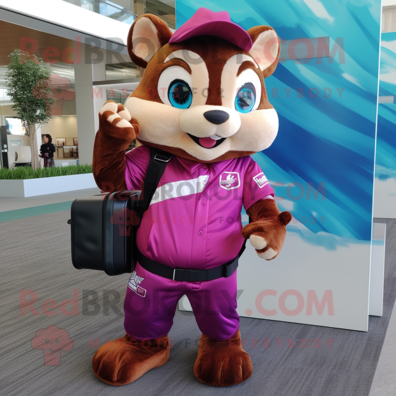 Magenta Chipmunk mascot costume character dressed with a Jumpsuit and Briefcases Magenta Chipmunk mascot costume character dressed with a Jumpsuit and Briefcases