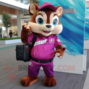 Magenta Chipmunk mascot costume character dressed with a Jumpsuit and Briefcases