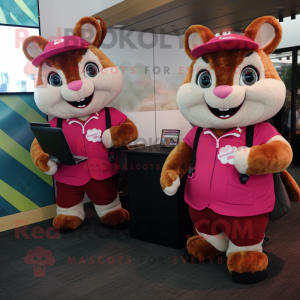 Magenta Chipmunk mascot costume character dressed with a Jumpsuit and Briefcases