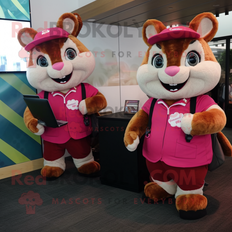 Magenta Chipmunk mascot costume character dressed with a Jumpsuit and Briefcases Magenta Chipmunk mascot costume character dressed with a Jumpsuit and Briefcases