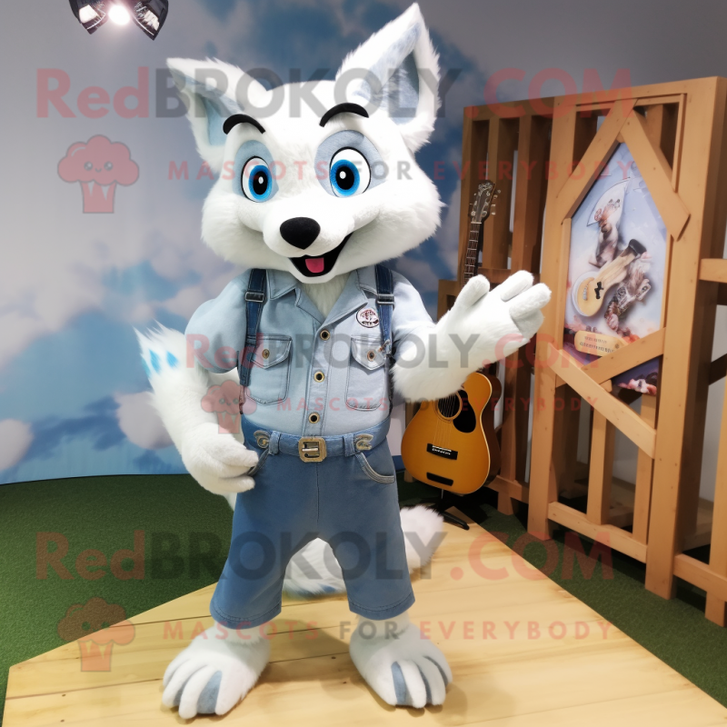 White Fox mascot costume character dressed with a Chambray Shirt and Hairpins White Fox mascot costume character dressed with a Chambray Shirt and Hairpins