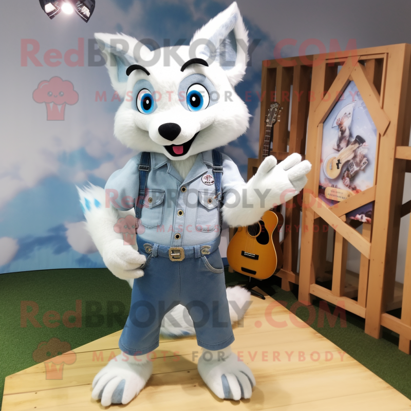 White Fox mascot costume character dressed with a Chambray Shirt and Hairpins