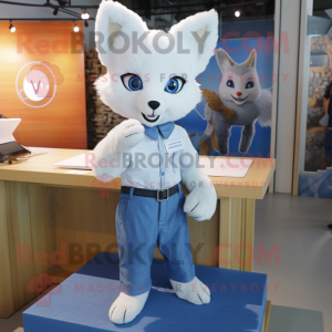 White Fox mascot costume character dressed with a Chambray Shirt and Hairpins