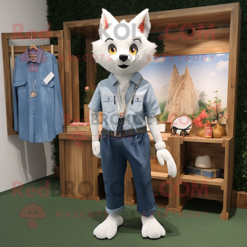 White Fox mascot costume character dressed with a Chambray Shirt and Hairpins