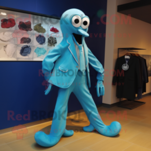 Cyan Fried Calamari mascot costume character dressed with a Suit Jacket and Shoe laces