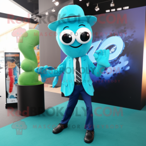 Cyan Fried Calamari mascot costume character dressed with a Suit Jacket and Shoe laces