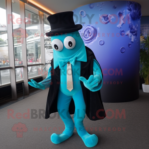 Cyan Fried Calamari mascot costume character dressed with a Suit Jacket and Shoe laces