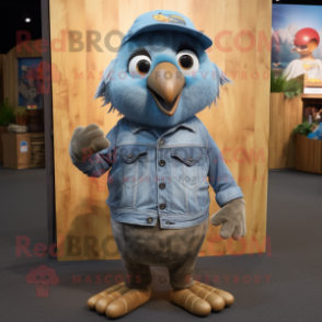 Gray Kiwi mascot costume character dressed with a Denim Shirt and Wraps