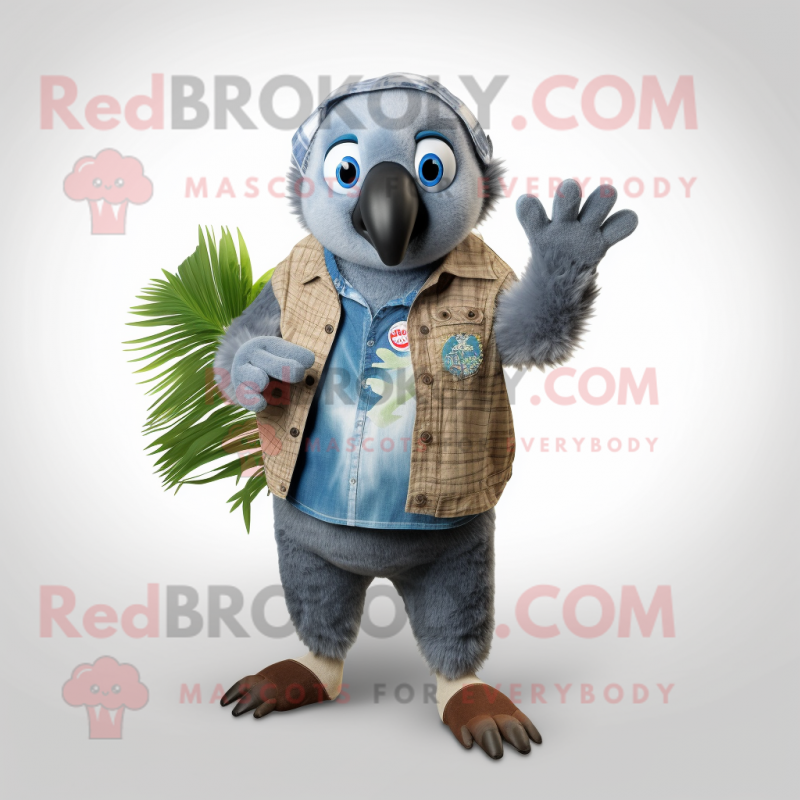 Gray Kiwi mascot costume character dressed with a Denim Shirt and Wraps