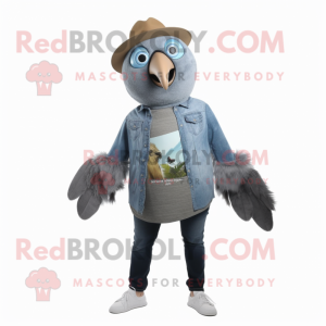 Gray Kiwi mascot costume character dressed with a Denim Shirt and Wraps