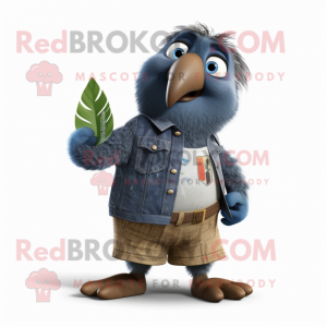 Gray Kiwi mascot costume character dressed with a Denim Shirt and Wraps