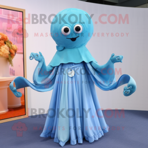 Sky Blue Octopus mascot costume character dressed with a Maxi Dress and Cummerbunds