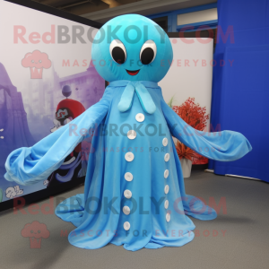 Sky Blue Octopus mascot costume character dressed with a Maxi Dress and Cummerbunds