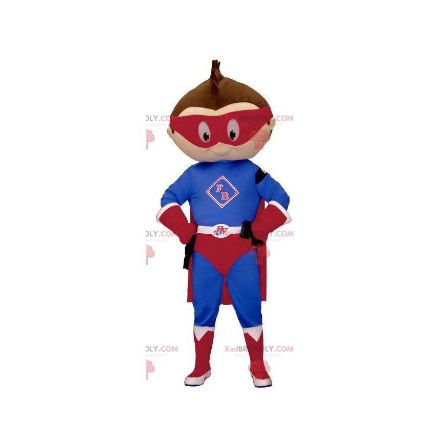 Kleine jongen mascotte gekleed in superheld outfit -