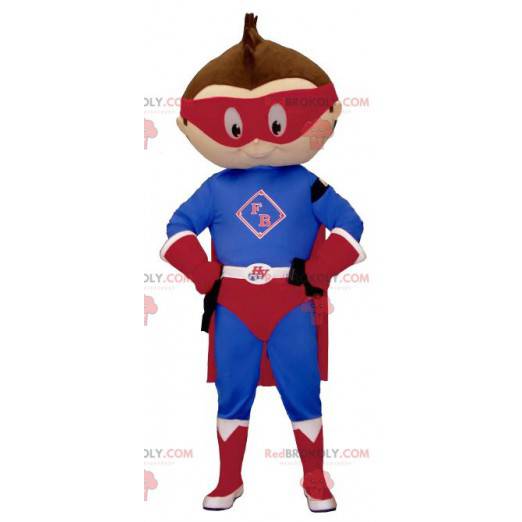 Kleine jongen mascotte gekleed in superheld outfit -