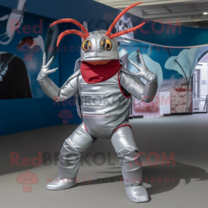 Silver Lobster Bisque mascot costume character dressed with a Jeggings and Belts