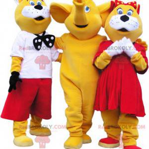 3 mascots: 2 yellow and white cats and an elephant -