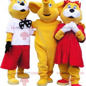 3 mascotte: 2 gatti gialli e bianchi e un elefante -
