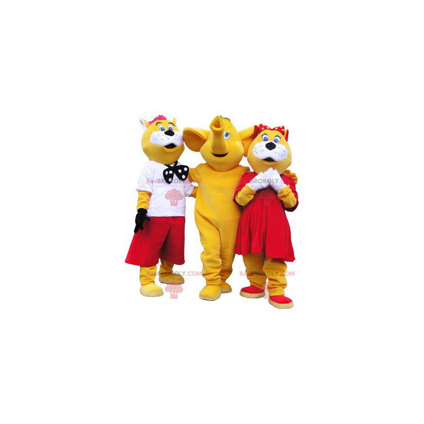 3 mascotes: 2 gatos amarelos e brancos e um elefante -