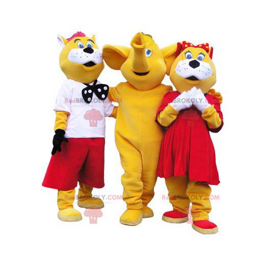 3 mascots: 2 yellow and white cats and an elephant -