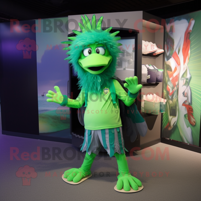 Green Harpy mascot costume character dressed with a Capri Pants and Caps Green Harpy mascot costume character dressed with a Capri Pants and Caps