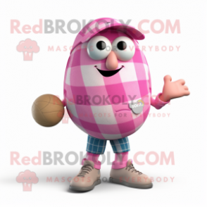 Pink Petanque Ball mascot costume character dressed with a Flannel Shirt and Wraps