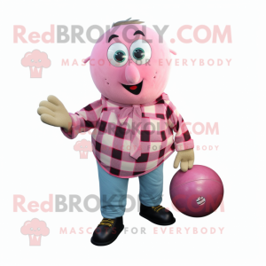 Pink Petanque Ball mascot costume character dressed with a Flannel Shirt and Wraps