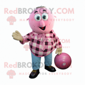 Pink Petanque Ball mascot costume character dressed with a Flannel Shirt and Wraps