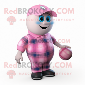 Pink Petanque Ball mascot costume character dressed with a Flannel Shirt and Wraps