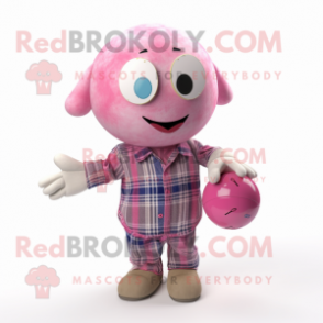 Pink Petanque Ball mascot costume character dressed with a Flannel Shirt and Wraps