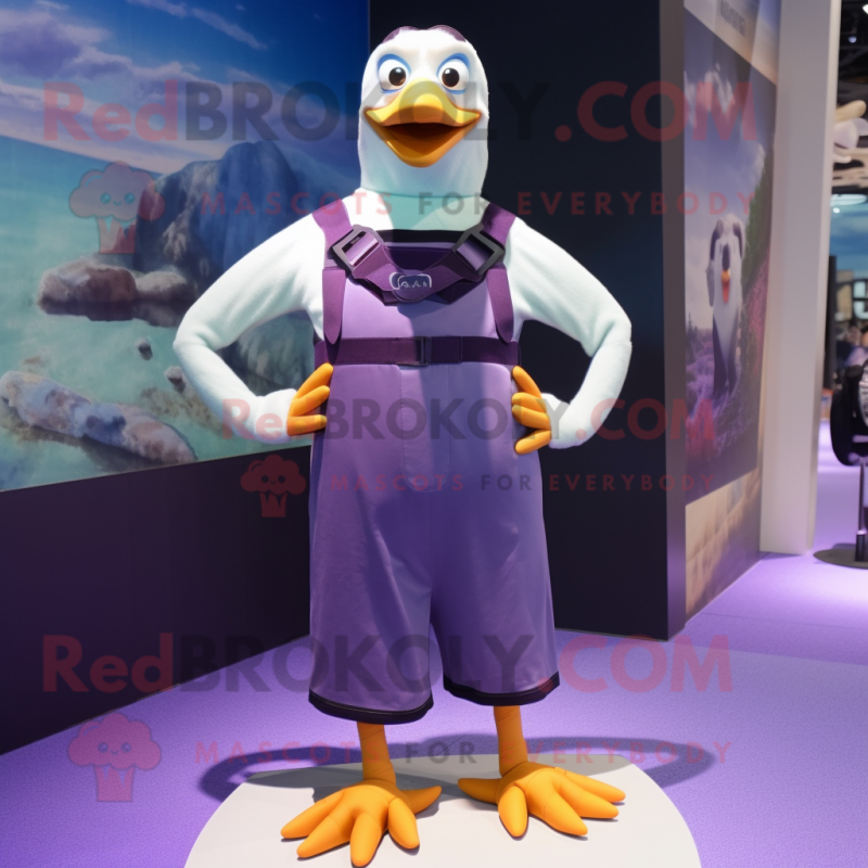 Purple Gull mascot costume character dressed with a Tank Top and Suspenders