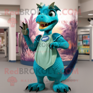Turquoise Utahraptor mascot costume character dressed with a A-Line Dress and Belts