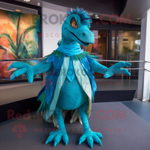Turquoise Utahraptor mascot costume character dressed with a A-Line Dress and Belts