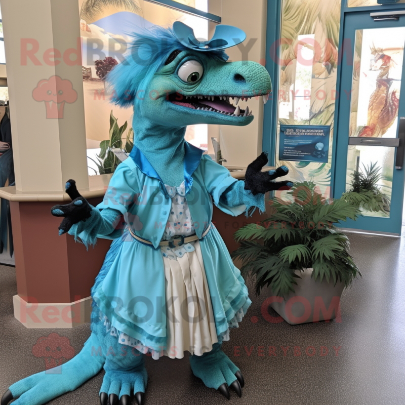 Turquoise Utahraptor mascot costume character dressed with a A-Line Dress and Belts