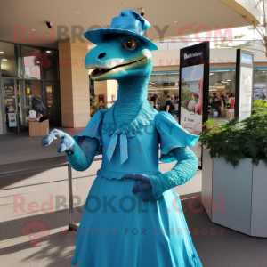 Turquoise Utahraptor mascot costume character dressed with a A-Line Dress and Belts