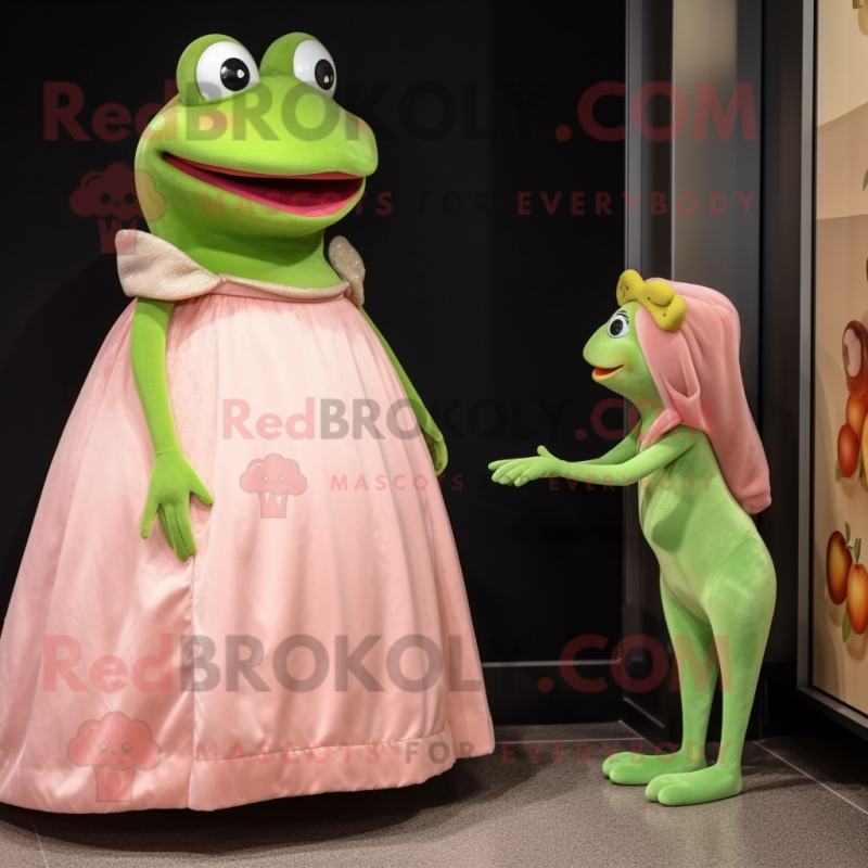 Peach Frog mascot costume character dressed with a Ball Gown and Watches