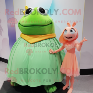 Peach Frog mascot costume character dressed with a Ball Gown and Watches