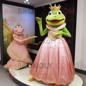 Peach Frog mascot costume character dressed with a Ball Gown and Watches