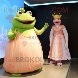 Peach Frog mascot costume character dressed with a Ball Gown and Watches