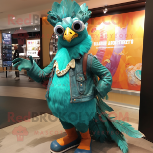 Turquoise Peacock mascot costume character dressed with a Leather Jacket and Necklaces