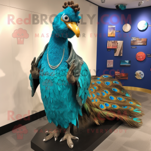 Turquoise Peacock mascot costume character dressed with a Leather Jacket and Necklaces