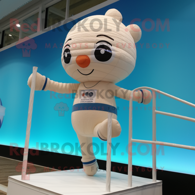 Cream Tightrope Walker mascot costume character dressed with a Swimwear and Scarves Cream Tightrope Walker mascot costume character dressed with a Swimwear and Scarves