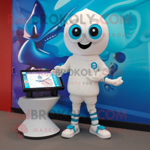 White Squid mascot costume character dressed with a Sweater and Digital watches